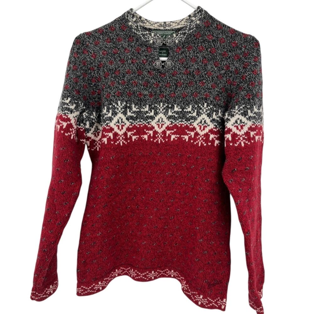 Woolrich Fair Isle Sweater Red Gray Wool Blend Metal Frog Closure Women's Small